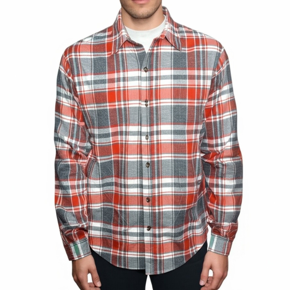 SRK Shirt Mens XL‎ Flannel Orange Grey White Plaid Long Sleeve Button Up